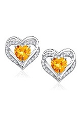 dazzling silver heart Citrine birthstone baby earrings